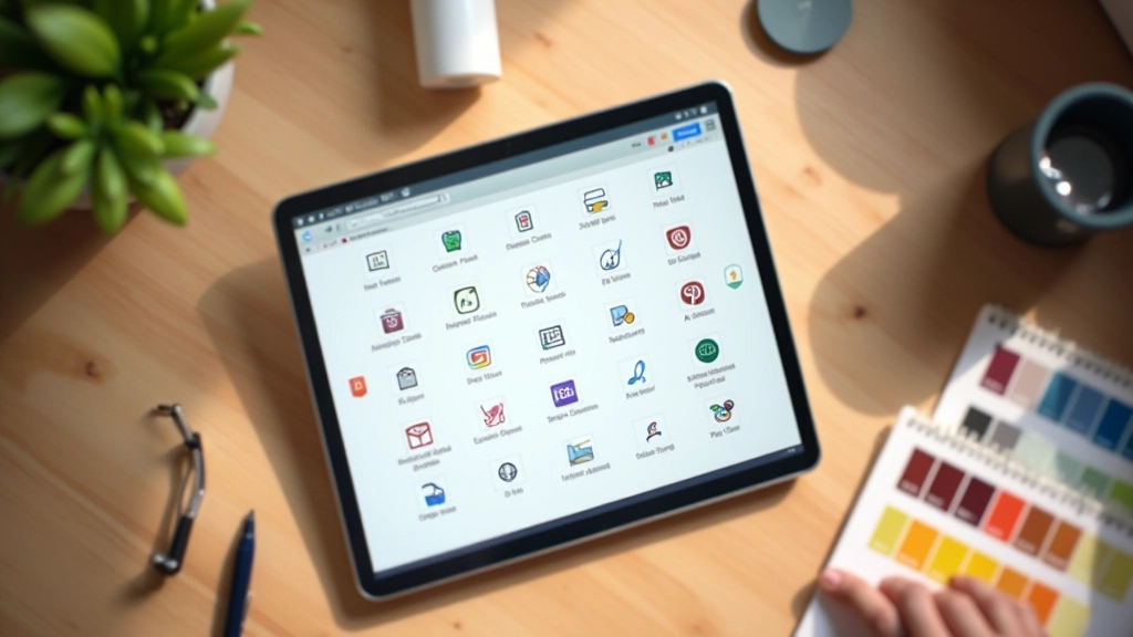 Schermo che mostra una libreria SVG ben organizzata con grid di icone, palette di colori visibile accanto