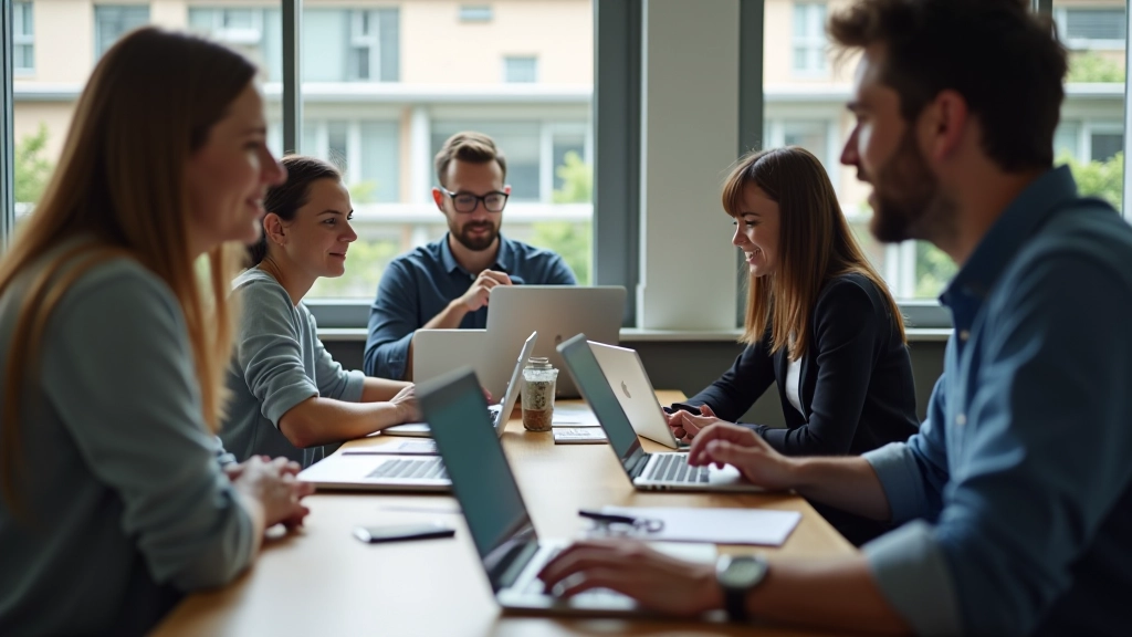 Team collaborating on digital project with design mockups and code