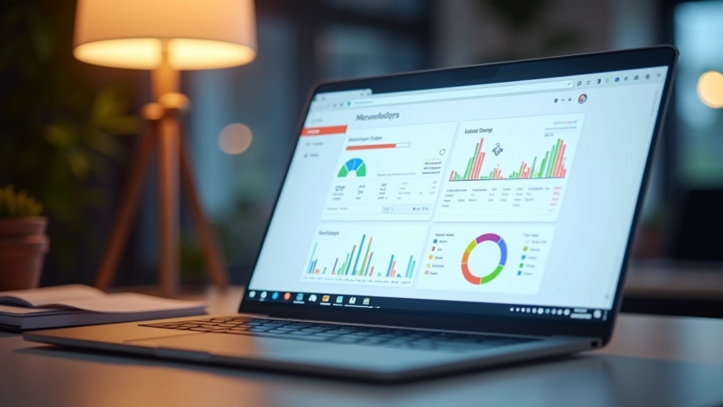 Monitor che mostra dashboard con icone SVG animate in tempo reale, grafici e elementi interattivi in movimento