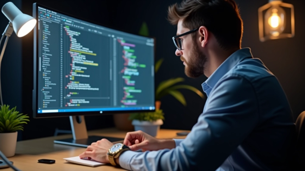 Designer al computer che lavora con software di grafica vettoriale, codice SVG visibile sullo schermo