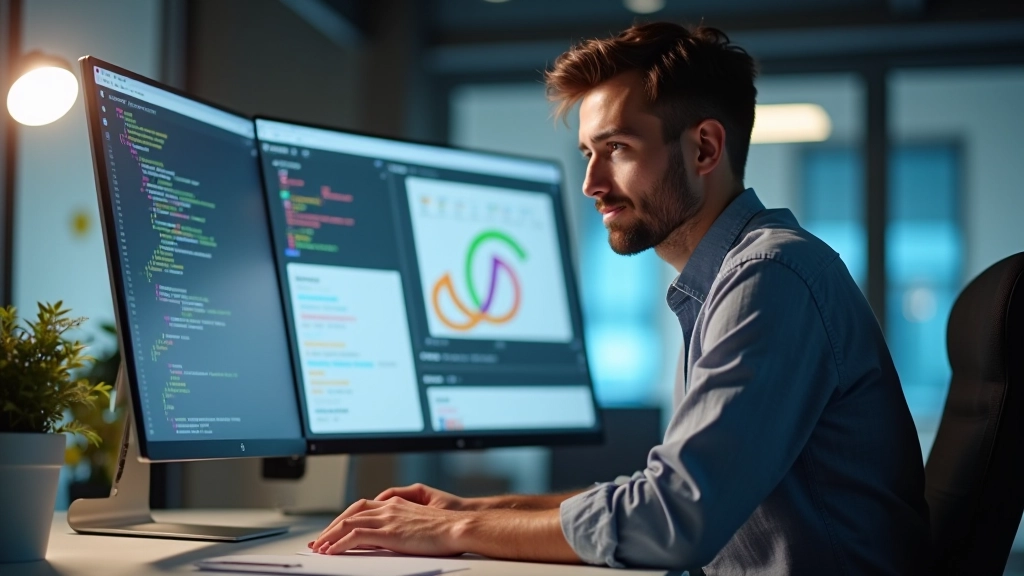 Designer che lavora con icone SVG su monitor moderno, libreria di icone vettoriali visibile