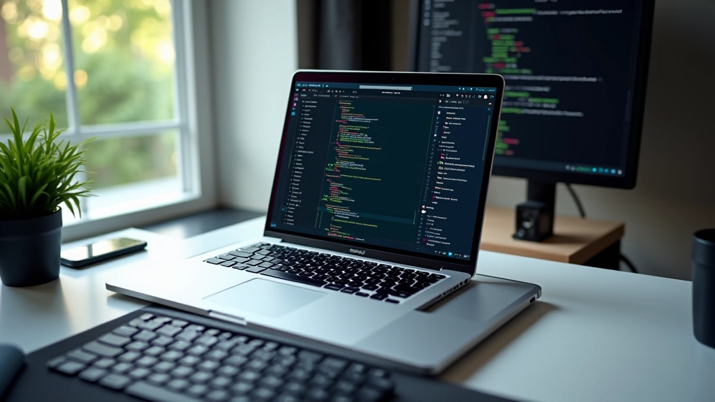 Schermo di computer con codice SVG visibile, percorsi geometrici evidenziati, ambiente di sviluppo professionale con tastiera meccanica