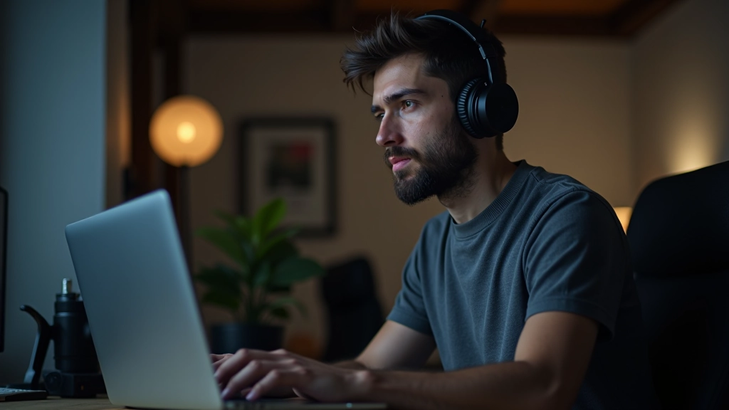 Persona che testa un'applicazione web con uno screen reader italiano, laptop con audio attivo, cuffie indossate